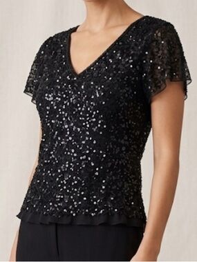 Adrianna Papell Black Sequin Short-Sleeve Top